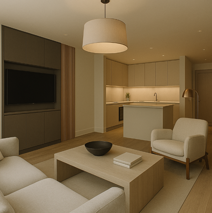 Modern minimalist basement construction in Kensington with open-plan living and kitchen area