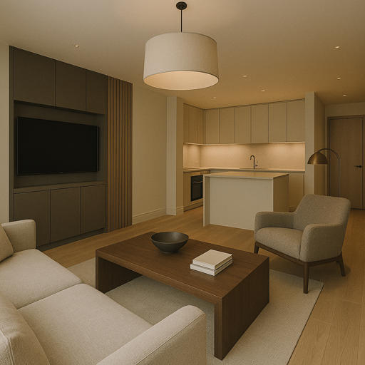 Contemporary minimalist basement construction in Knightsbridge with open-plan living and kitchen area
