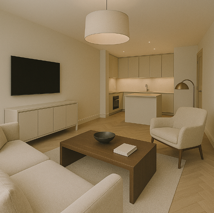 Modern minimalist basement construction in Notting Hill with open-plan living and kitchen