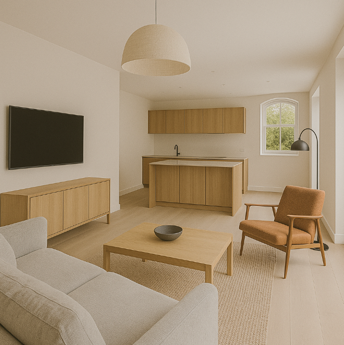 Scandinavian-style basement construction in Richmond with light wood interiors and open-plan living area