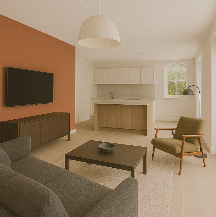 Modern basement construction in St John's Wood with colourful accent wall and open-plan living area