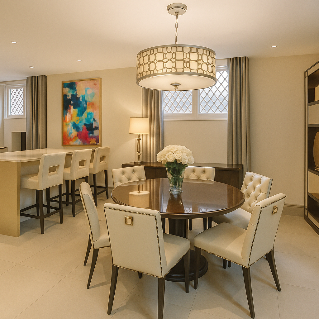 finished-basement-construction-belgravia Finished luxury basement in Belgravia with modern dining area and open kitchen