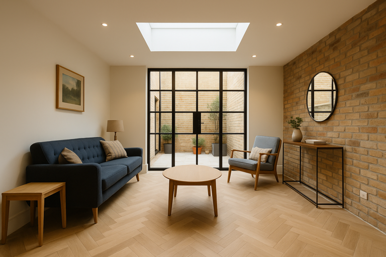 Modern basement extension room in Holland Park with skylight and minimalist decor</p>
<p>